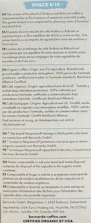Bernardo DOLCE Espresso Biodegradable Capsules Compatible with Nespresso Original Line Intensity 8/10 USDA Organic Home Compostable Capsules. 100 Count (10 Boxes of 10 Espresso Pods)
