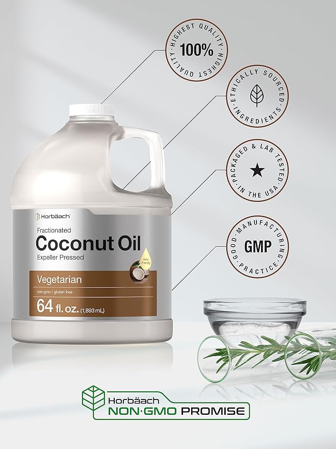 Horbäach Coconut Oil for Cooking | Liquid | 64 oz | Fractionated &amp Unflavored | Keto Friendly | Vegetarian Non-GMO &amp Gluten Free