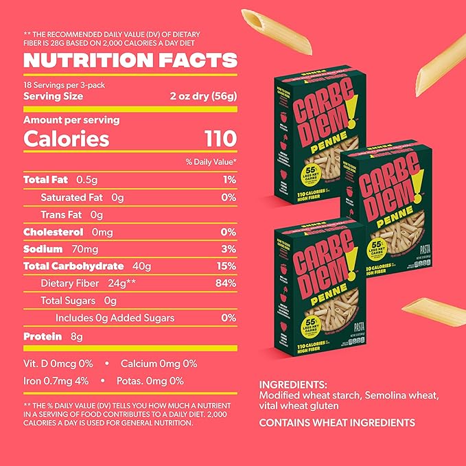 Carbe Diem! Penne &amp Elbow Bundle Lower Net Carb Pasta with Traditional Flavor &amp Texture 8 grams of Protein 55% Fewer Net Carbs &amp Only 110 Calories Per Serving 2 Packs of 3