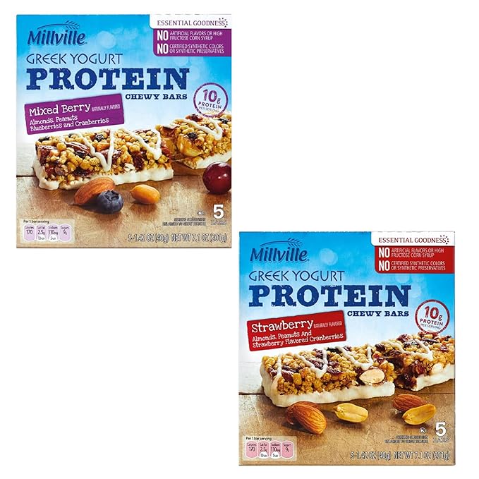 Protein Bars 2-Pack – 10g Protein Greek Yogurt Dipped Strawberry &amp Mixed Berry with Almonds &amp Peanuts No Artificial Flavors or Preservatives 10 Chewy Healthy Indulgent Granola Bars