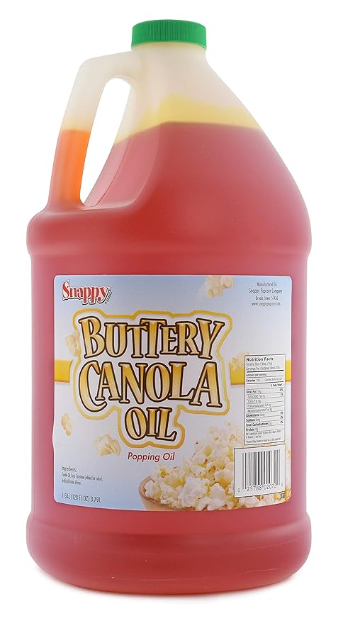 Snappy Buttery Canola Oil Lower Fat Butter Flavored Popcorn Oil for Popcorn Machine and Stovetops Naturally Colored with Beta Carotene 1 Gallon Size Premium Cooking Ingredient