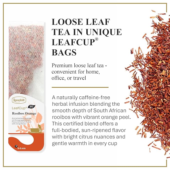 Ronnefeldt LeafCup Rooibos Orange Chai – Naturally Caffeine-Free Red Herbal Tea with Natural Orange Flavoring – Set of 4 Boxes – 60 Individually Wrapped Loose Leaf Tea Bags – Packed in Germany