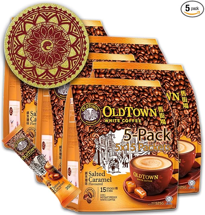 5-Pack OLDTOWN (Salted Caramel) White Coffee 3 in 1 Asian Instant Coffee Package with a Cork Coaster old town White Coffee 75 Packets with a Random Flavor Sample Packet