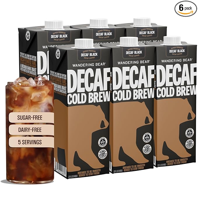 Wandering Bear Decaf Cold Brew Coffee - Bold Smooth No Sugar Added Shelf-Stable Ready to Drink Gluten Free &amp Vegan Decaf Iced Cold Brewed Coffee Drink - 32 fl oz 6 pack