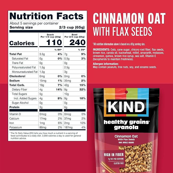 KIND Healthy Grains Granola Cinnamon Oat Clusters with Flax Seeds Healthy Snacks Gluten Free 100% Whole Grains 5g Protein 11oz 6 Count