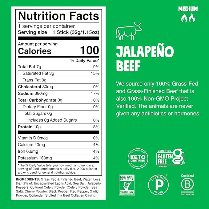 Chomps Grass-Fed and Finished Jalapeño Beef Jerky Snack Sticks 24-Pack - Keto Paleo Whole30 10g Lean Meat Protein Gluten-Free Zero Sugar Food Non-GMO