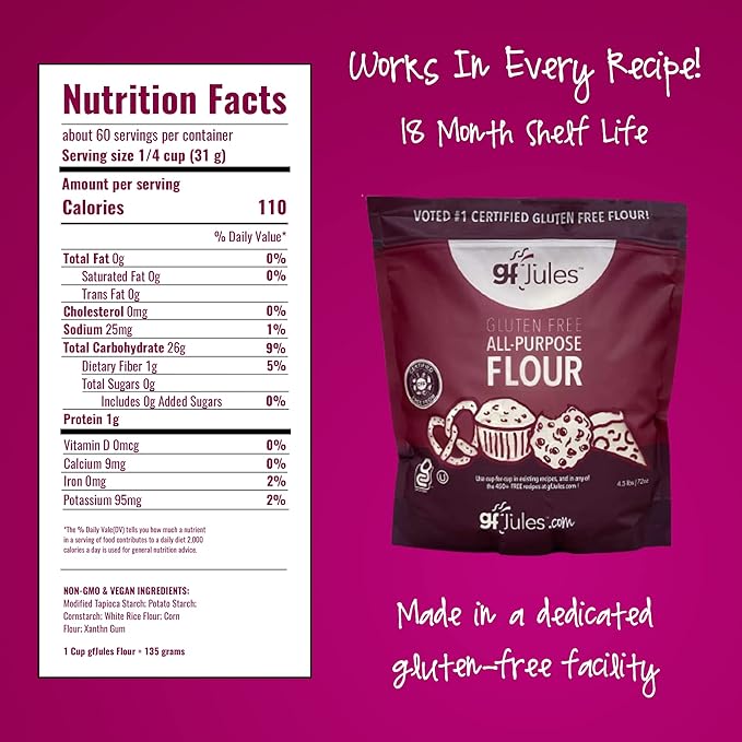 gfJules Certified Gluten Free All Purpose Flour | No Grit | Great Cup for Cup Baking Alternative to Regular Flour Voted #1 by Gluten Free &amp Celiac Consumers 4.5LB Pouch