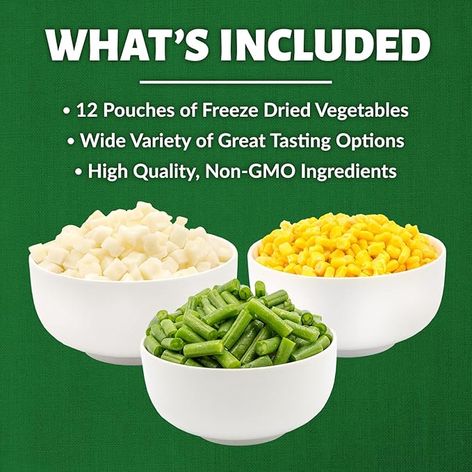 Valley Food Storage Freeze Dried Vegetable Bucket | 12 Pouches Mixed Vegetables | Premium Emergency Food Supply 25 Year Shelf Life | Survival Food for Camping Prepper Storage &amp Off-Grid Living
