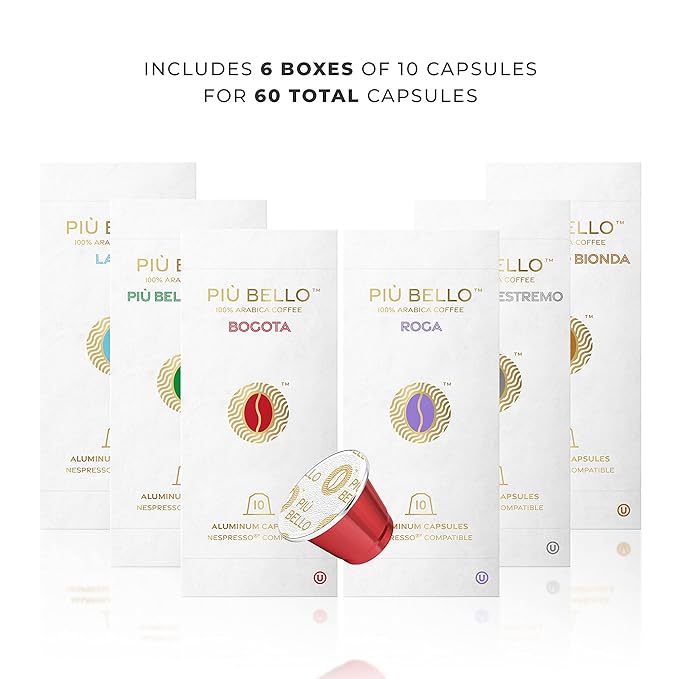 Piu Bello Espresso Coffee Pods for Nespresso Original Machines – Variety Pack – Light Roast Dark Roast Chocolate Nuts Caramel – Rich &amp Balanced Taste Kosher (6-Flavor Multipack 60 Count)