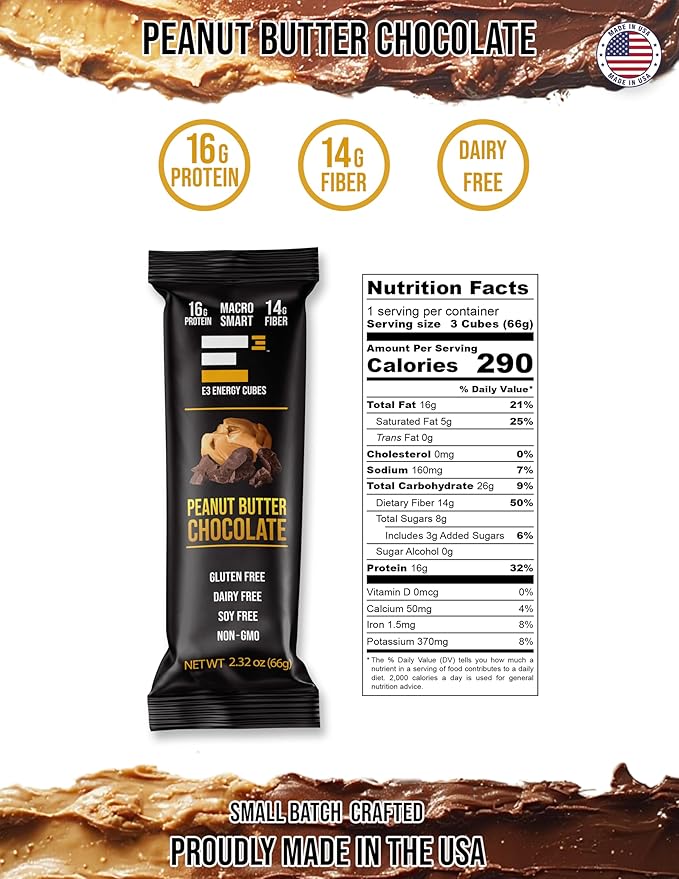 E3 Energy Cubes- Peanut Butter Chocolate Refrigerated Protein Bars | Gluten-Free Dairy-Free Soy-Free Egg White Protein Non-GMO PreBiotic Fiber | Healthy Snack Bars | Made in USA Pack of 12