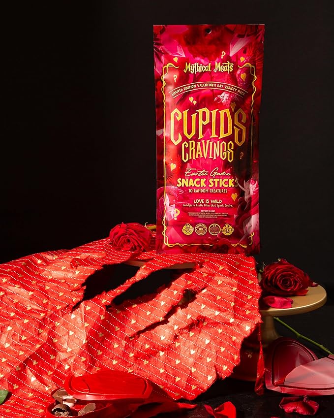 Mythical Meats Cupid's Cravings Random Flavor Sampler Pack – 10 Random Exotic Game and Beef Snack Sticks – Dried &amp Dehydrated Meats Seasoned to Perfection – High Protein Keto Friendly Snacks