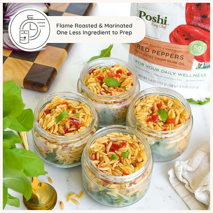 POSHI Flame Roasted Red Peppers in Extra Virgin Olive Oil Natural Keto Vegan Non GMO Low Carb + Calorie Gluten Free Ready to Eat Fully Cooked Vegetables Pentry Food Gourmet 6 Pack 5.4 oz