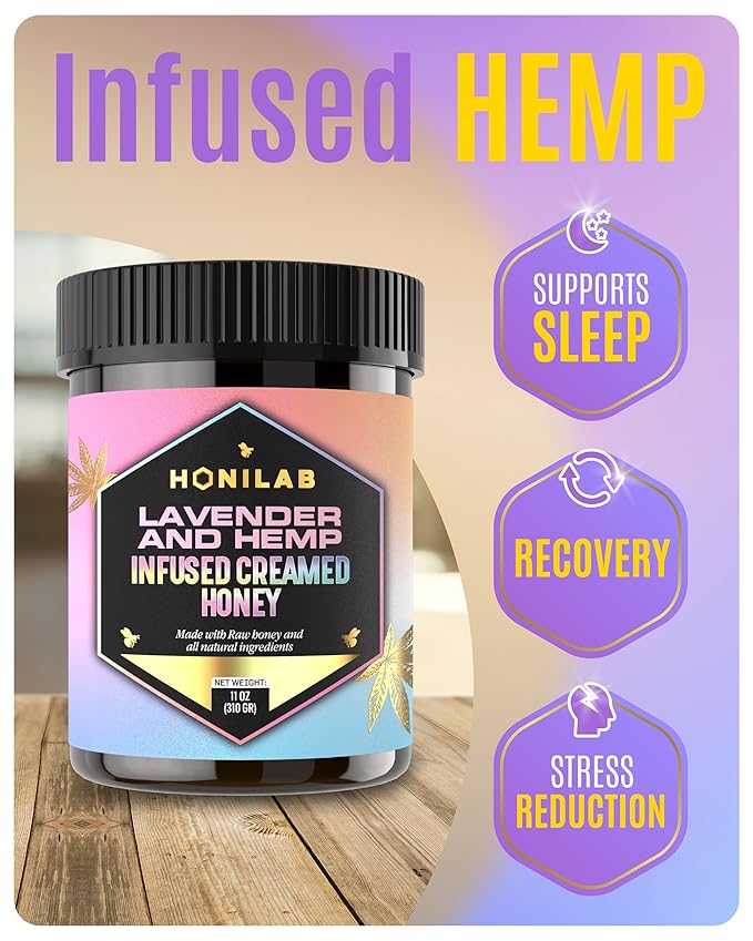 Spun Honey Lavender &amp Hemp Infused Creamed Honey - OU Kosher Certified - Natural &amp Pure Blend - No Added Flavors Independent Testing for Purity and Potency Whole Ingredients - 11 Oz. Jar