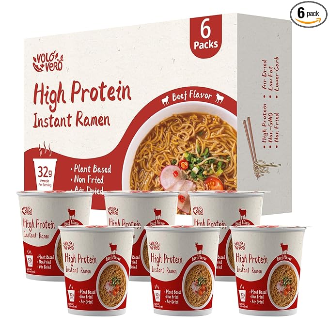 VOLO VERO High Protein (32g) Instant Ramen Spicy Beef Flavor Soup Cup 6 Packs Vegan Noodles Asian Plant-Based Non-Fried Low Fat Non-GMO Egg &amp Dairy Free Quick Healthy Meal Holiday Gift