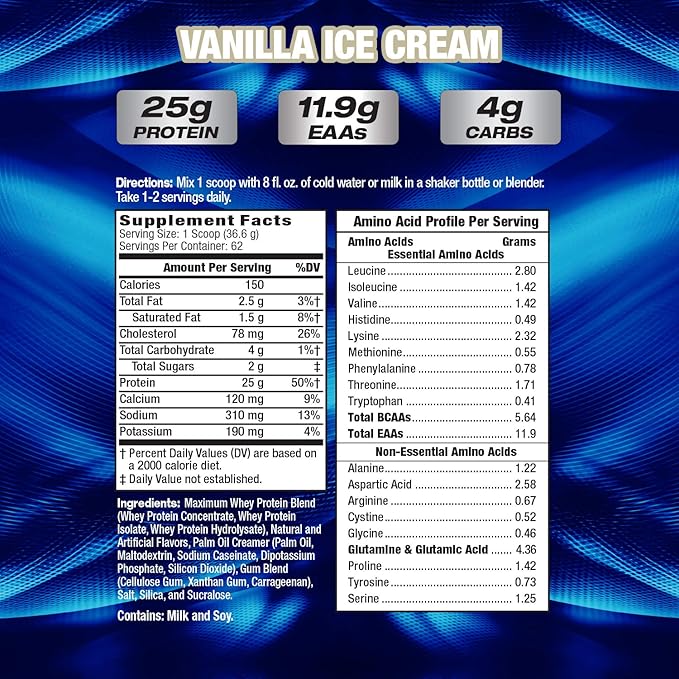Maximum Human Performance Maximum Whey Protein 25g Fast Acting Delicious Tasting Protein Enhances Strength &amp Speeds Recovery Vanilla Ice Cream 62 Servings 5 Pound