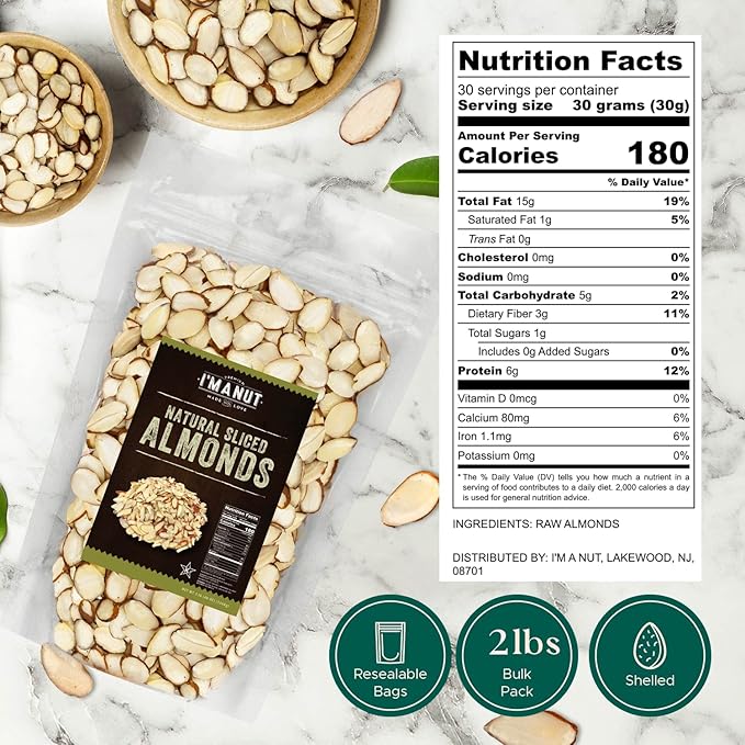 Premium Raw Unsalted Sliced Almonds 32oz (2 lb) | Superior Gourmet Quality | Batch Tested Gluten &amp Peanut Free | Non-GMO | No PPO | Unblanched for Maximum Nutrition &amp Flavor