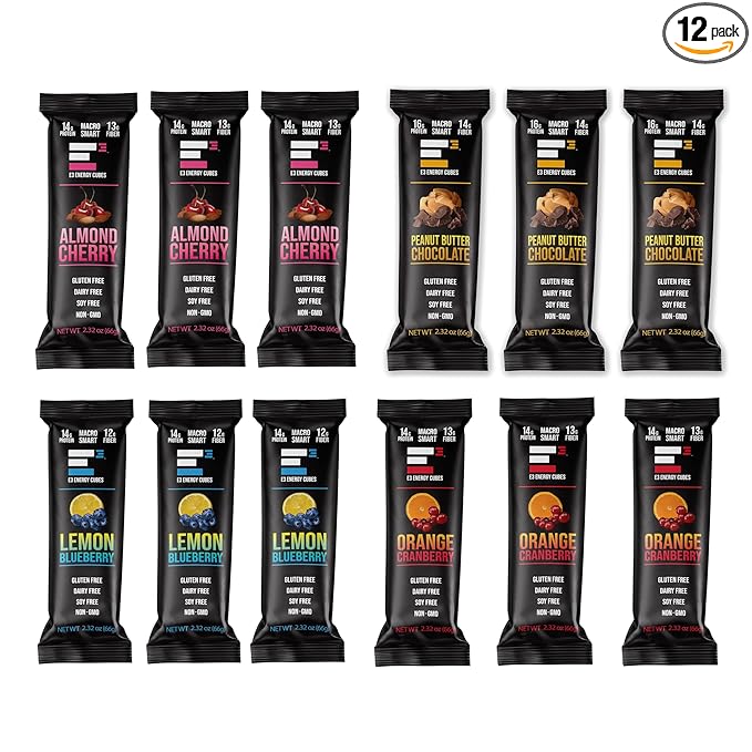 E3 Energy Cubes- Original Variety Pack - 3 of Each Original Flavor- Refrigerated Protein Bars | Healthy Snack Bars Gluten Free Dairy Free Soy Free | Made in USA Pack of 12