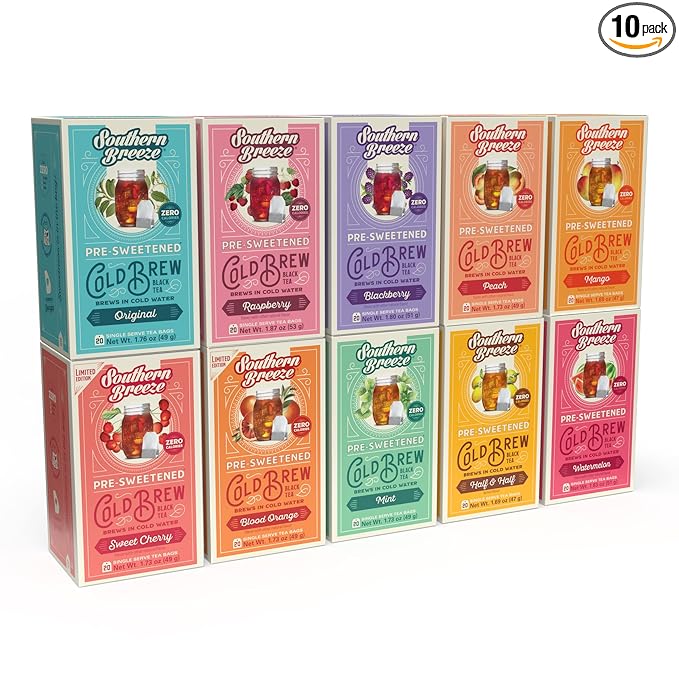 Southern Breeze Cold Brew Sweet Tea Variety Pack Iced Tea with Black Tea and Zero Carbs Zero Sugar 20 Individually Wrapped Tea Bags Pack of 10