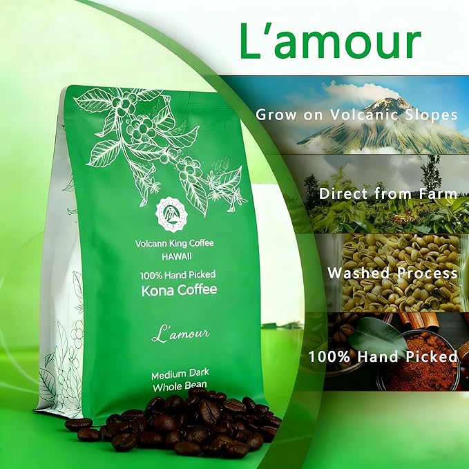Hawaiian Kona Coffee Beans 100% Kona No Blend No. 1 Grade Medium Dark Roast from Our Coffee Estate in Hawaii Smooth and Low Acidity(L'amour 7 oz)