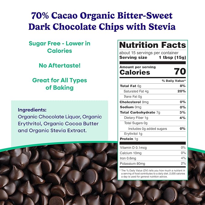 Pascha Organic 70% Cacao Baking Chips - Sugar-Free Dark Chocolate - Keto Vegan Bittersweet Chips with Organic Stevia &amp Erythritol - Rainforest Alliance Certified - Allergen-Free (Pack of 6)