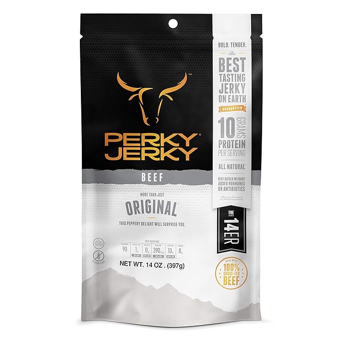 Perky Jerky Original 100% Grass Fed Beef Jerky 14oz - Antibiotic Free - 10g Protein Per Serving - Low Fat - Handcrafted Tender Texture and Bold Flavor