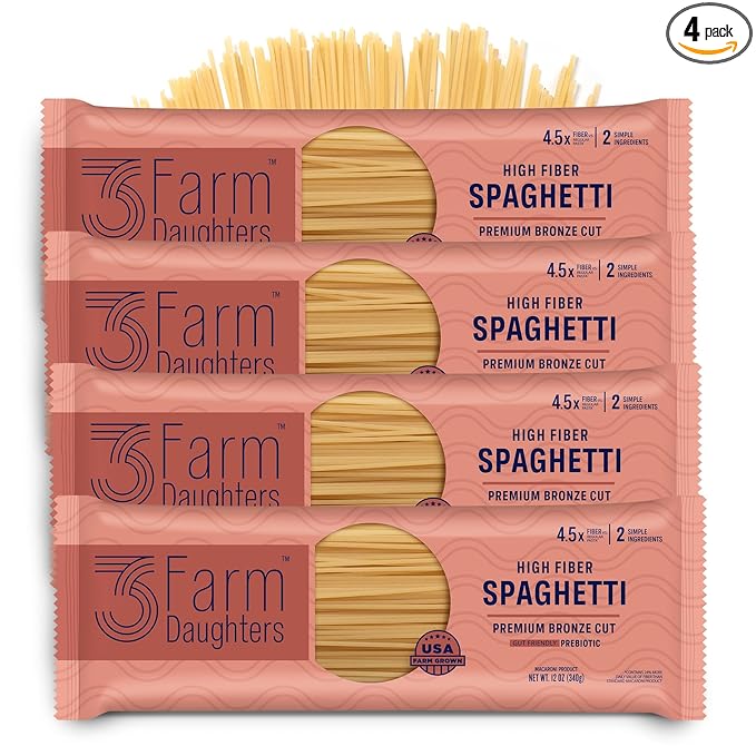 Three Farm Daughters High Fiber Pasta Spaghetti Pack Irresistible Low GI Non GMO Spaghetti Pasta Noodles Low Net Carb Made in the USA from Just 2 Simple Ingredients 12 oz. (4 Pack)