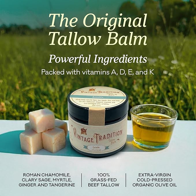 Vintage Tradition Beef Tallow All Purpose Balm - Healing Hydrating Luxurious Skin Care Salve Replaces Body Lotion Hand Cream More - Essential Oil Olive Oil and Grass-Fed Tallow 2 fl. oz.