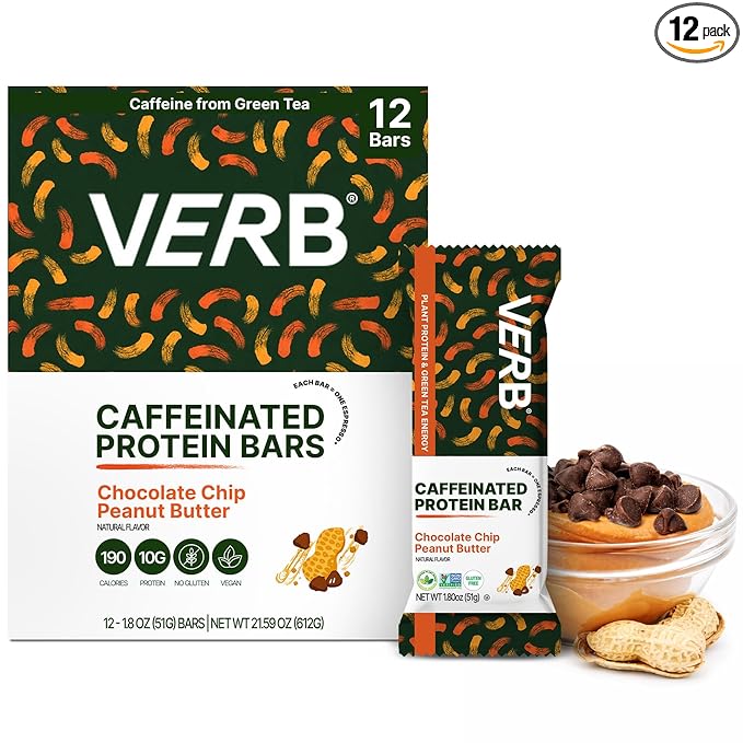 Verb Energy - Caffeinated Protein Bars Chocolate Chip Peanut Butter 10g Plant Based Protein Bars High Protein - Vegan Snack - Gluten Free Breakfast Snack with Organic Green Tea 51g (Pack of 12)
