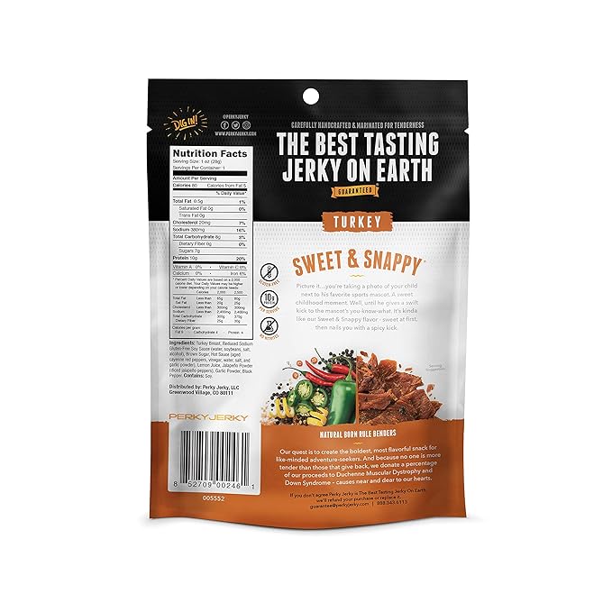 Perky Jerky Sweet and Snappy Turkey Jerky 1oz (Pack of 12) - Low Sodium - 10g Protein per Serving - Low Fat - 100% U.S. Sourced - Tender Texture