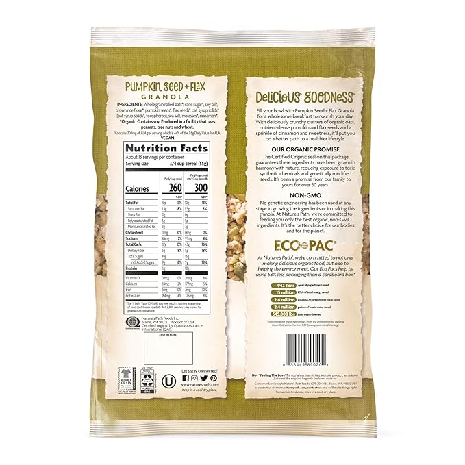 Nature's Path Organic Pumpkin Seed and Flax Granola 1.65 Lbs. Earth Friendly Package (Pack of 6) Non-GMO Heart Healthy High Fiber 6g Plant Based Protein
