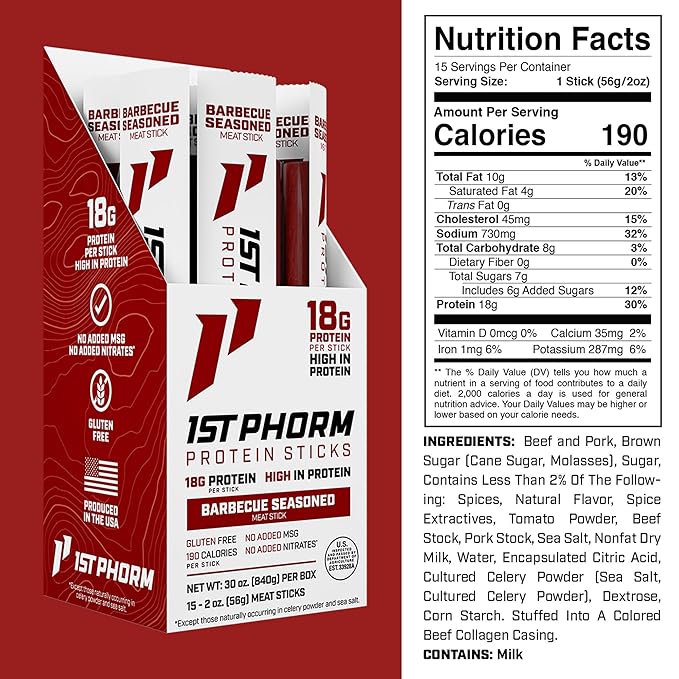 1st Phorm Meat Sticks Seasoned BBQ 18G Protein per Serving USA Raised Lean Beef and Pork High Protein Snacks Gluten Free No Msg or Nitrates Individually Wrapped 15 Count