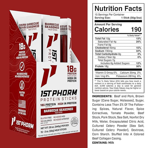 1st Phorm Meat Sticks Seasoned BBQ 18G Protein per Serving USA Raised Lean Beef and Pork High Protein Snacks Gluten Free No Msg or Nitrates Individually Wrapped 15 Count