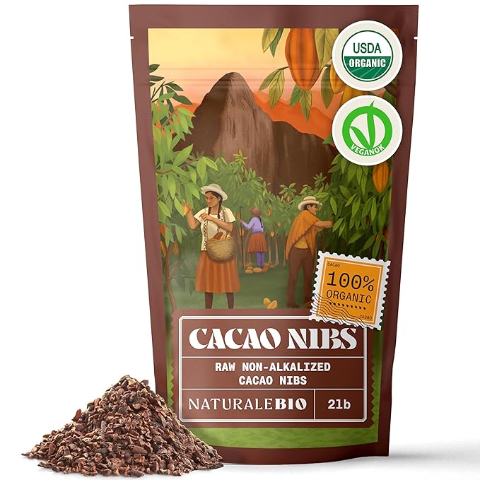 NaturaleBio Cacao Nibs Organic 2 lb. Unsweetened Non-Alkalized and Pure. Sugar-Free Dark Chocolate Chips Substitute. Non-GMO Gluten Free Tested for Heavy Metals. From Raw Cacao Beans