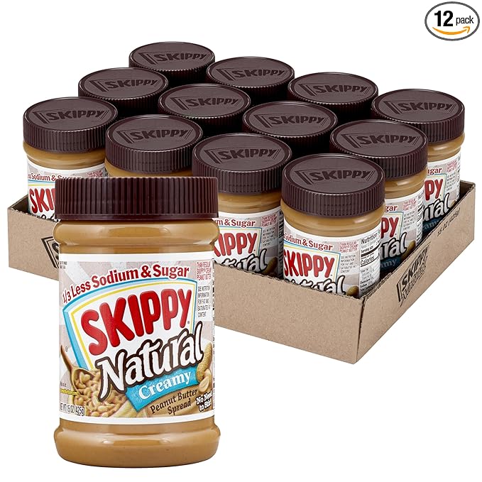 SKIPPY Natural Creamy 1/3 Less Sodium &amp Sugar Peanut Butter Spread 15 oz Jars (Pack of 12)– Gluten-Free 7g Protein per Serving