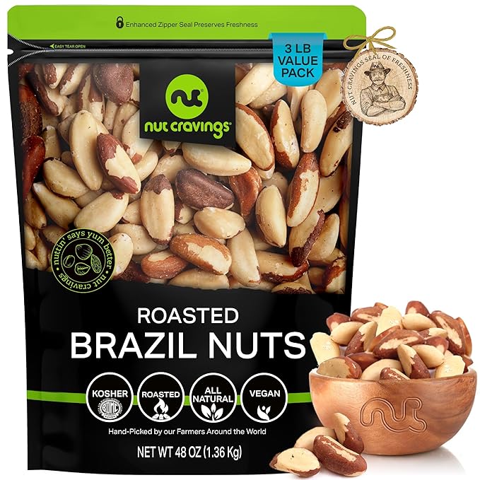 NUT CRAVINGS - Brazil Nuts Roasted &amp Unsalted - No Shell Whole (48oz - 3 LB) Bulk Nuts Packed Fresh in Resealable Bag - Healthy Protein Food Snack Food Assortments