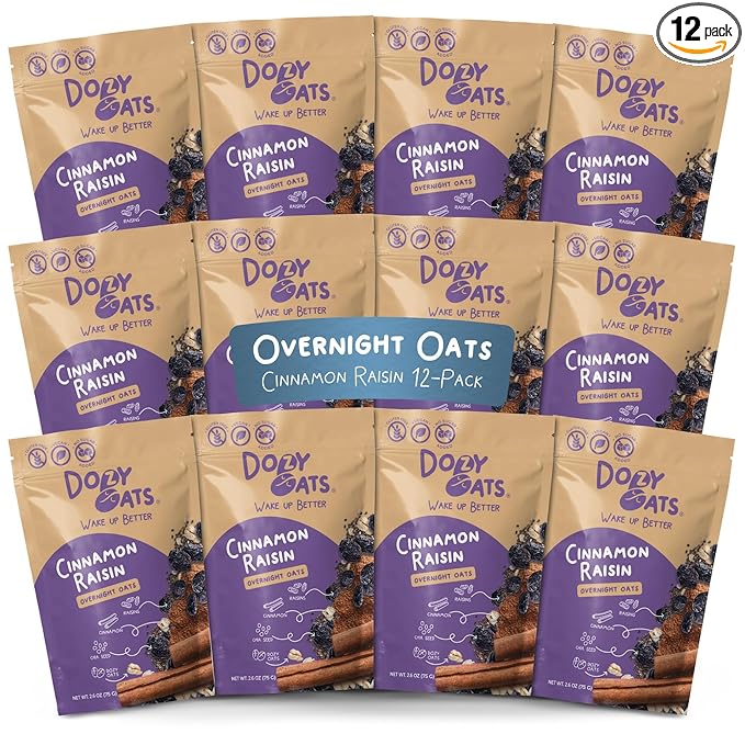 Dozy Oats Overnight Oatmeal Packets Cinnamon Raisin Multipack with Rolled Oats Chia Seeds Date Powder Cinnamon and Raisins. Gluten-Free Natural Source of Protein and Fiber 12-Pack