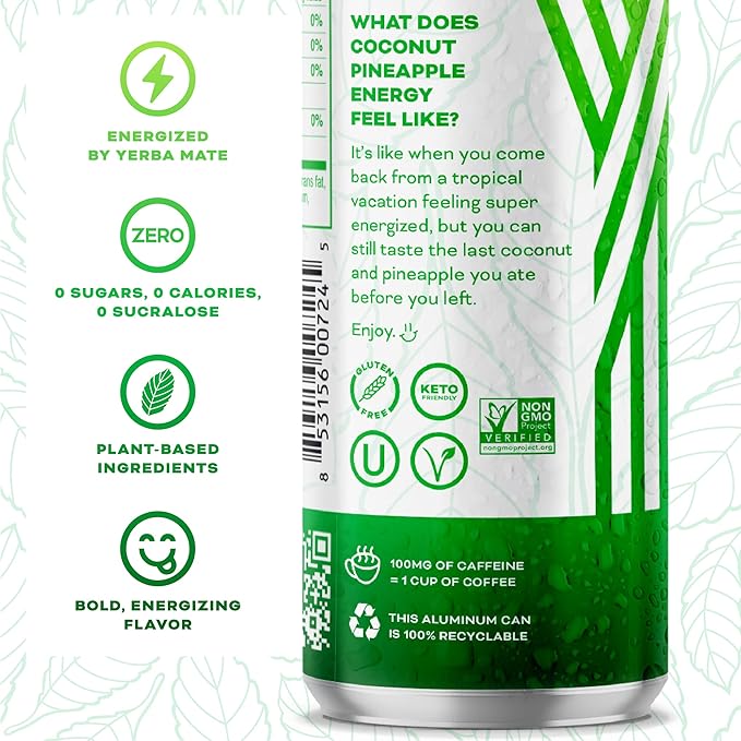 Yerbae Energy Seltzer - Pineapple Coconut 0 Sugar 0 Calories 0 Carbs Energized by Yerba Mate &amp Plant-Based Healthy Alternative to Coffee and Sugary Sodas 12oz cans (12 Pack)