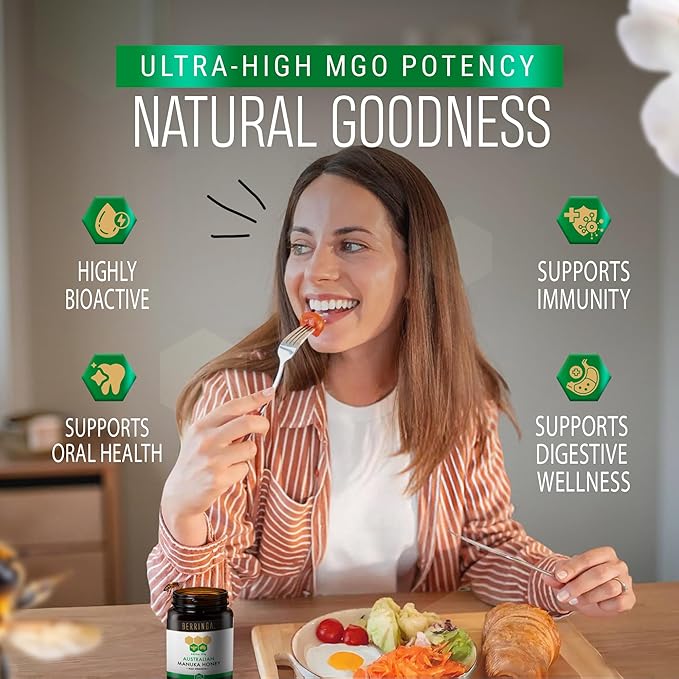 Berringa Manuka Honey Organic MGO 120+ Mild Strength Supports General Wellbeing &amp Digestive Balance - 100% Raw Pure &amp Unfiltered Sustainably Sourced from Australia - (8.82 oz)