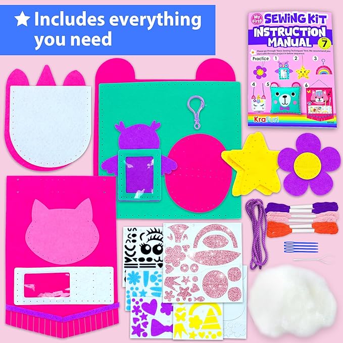 KRAFUN My First Sewing Kit for Beginner Kids Arts &amp Crafts 7 Easy DIY Projects of Stuffed Animal Dolls and Plush Pillow Craft Instructions &amp Felt Gift for Girls Boys Learn to Sew Embroid