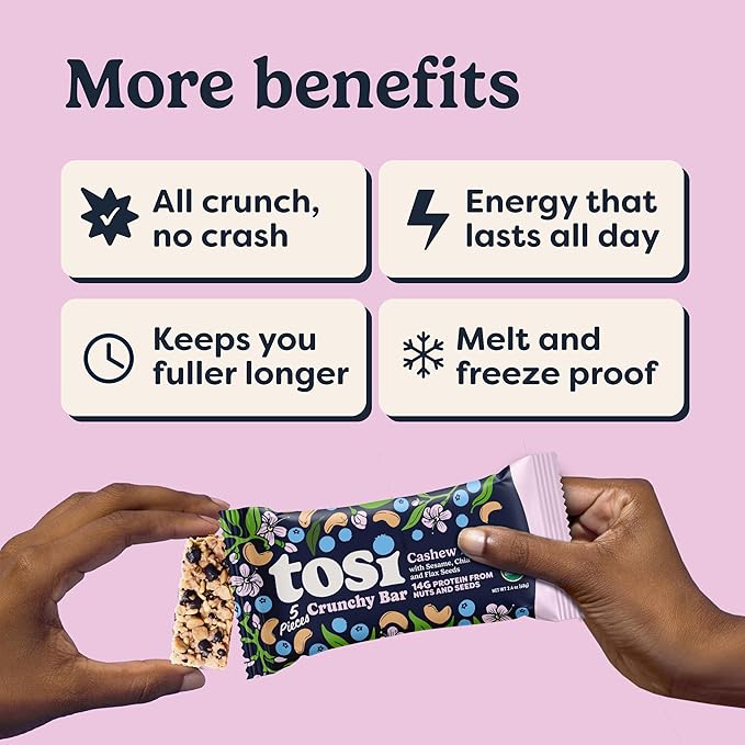 Tosi Meal Nut Bars Cashew Blueberry Healthy Snacks for Adults &amp Kids Crunchy Plant Based Protein Bar (14G) Keto Snacks Vegan Gluten &amp Soy Free Low Sugar Omega 3s 2.4oz 12-Pack