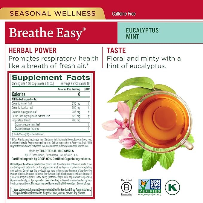 Traditional Medicinals Tea Organic Seasonal Care Variety Pack Throat Coat Echinacea Breathe Easy with Eucalyptus to Support Respiratory Health 96 Tea Bags (6 Pack)