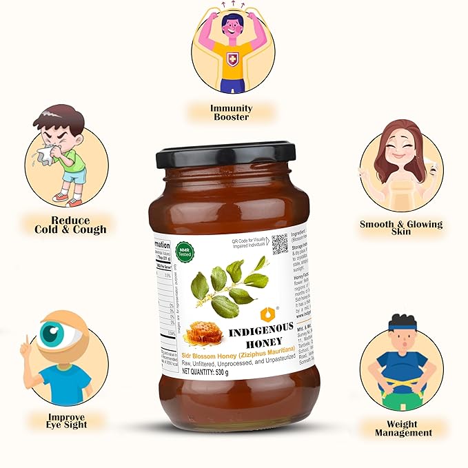 INDIGENOUS HONEY Sidr Ber Jujube Honey Raw Organic Natural Pure Unprocessed NMR Tested Unpasteurized Unheated 530g Glass Jar Pack of 1