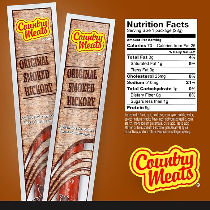 Country Meats Meat Sticks 0 Trans Fat USDA Certified Good Source of Protein Carb Conscious Snack (24 Meat Sticks Original Smoked Hickory)