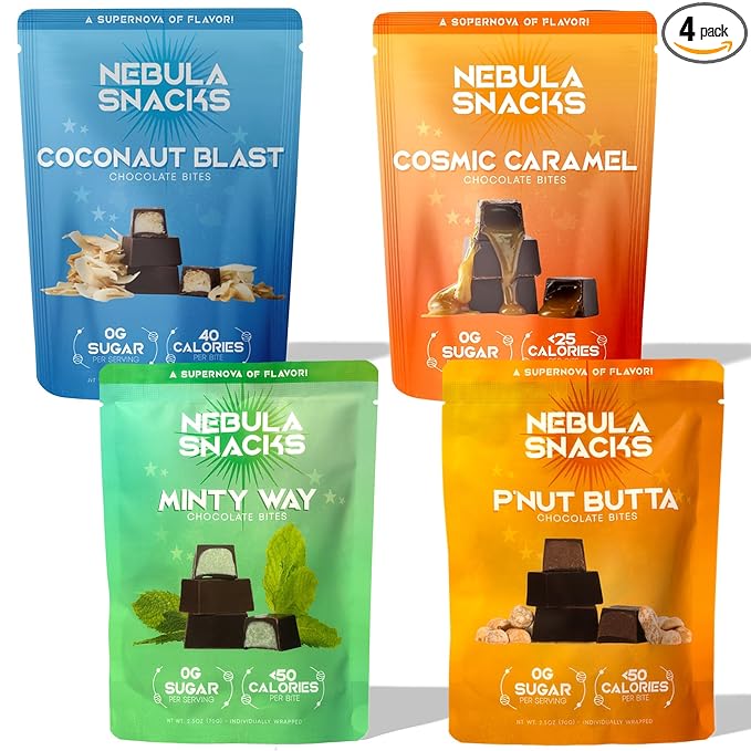 Nebula Snacks Variety Pack – Zero Sugar Dark Chocolate Bites in Four Flavors: Minty Way Cosmic Caramel Coconaut Blast &amp P’Nut Butta Non-Glycemic Keto-Friendly Dairy-Free and Gluten-Free – 4
