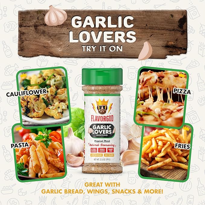 Garlic Lovers Seasoning Mix by Flavor God - Premium All Natural &amp Healthy Spice Blend for Grilling Chicken Beef Seafood Vegetables Salad Tacos Pizza &amp Pasta - Kosher Gluten-Free Dairy