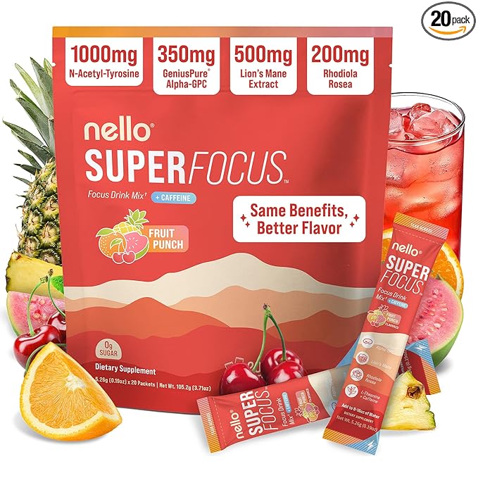 Nello Superfocus – Nootropic Focus Drink Mix for Productivity Caffeine L-Theanine Rhodiola Rosea Alpha-GPC Lion’s Mane Tyrosine Sugar-Free Packets - With Caffeine (Pack of 20) (20 Servings (Caf