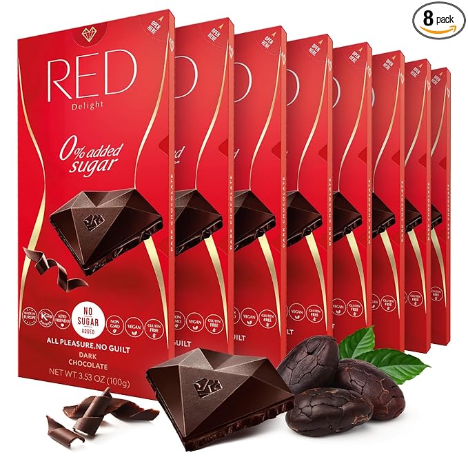 Red Delight Dark Chocolate Bars - 3.53 oz Pack of 8 - European Vegan- Low Carb Kosher No Added Sugar Gluten-Free Smooth Creamy Keto-Friendly Guilt-Free Snack