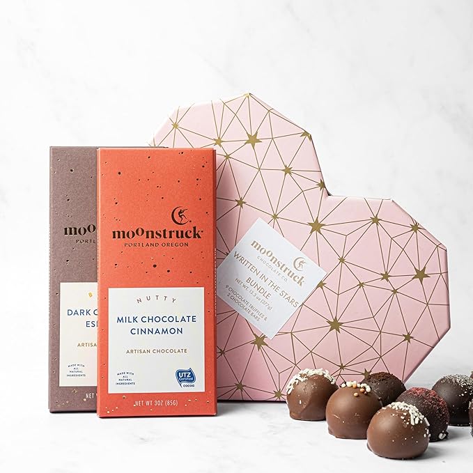 Moonstruck Chocolate Written in the Stars Valentine's Day Gift Box – 9 Truffles &amp 2 Chocolate Bars Premium Chocolate Bundle for Loved Ones