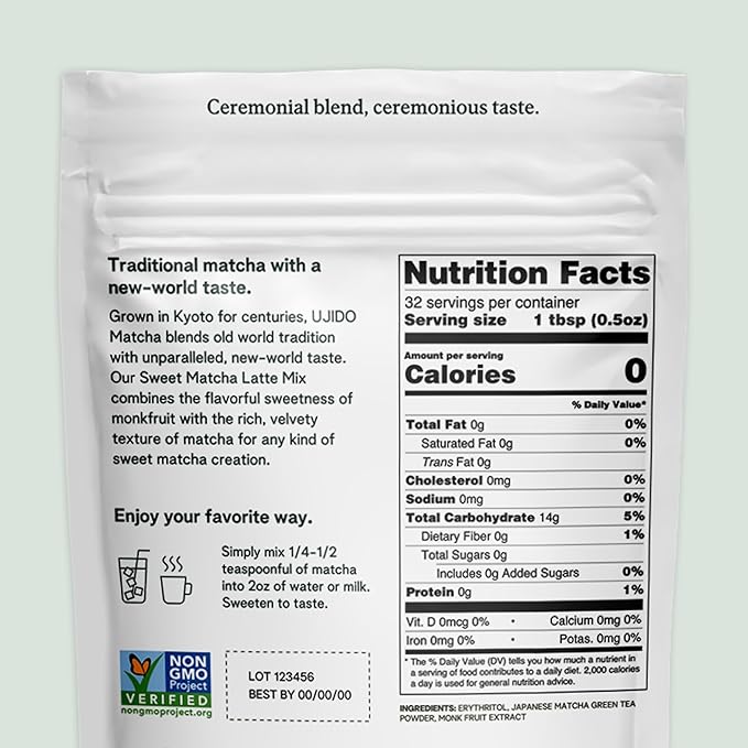 Ujido Sweet Matcha 16 oz. – Sugar-Free Ceremonial Grade Japanese Matcha Powder – Sweetened with Monk Fruit &amp Non-GMO Erythritol – For Teas &amp Lattes – Zero Net Carbs Gluten Free &amp Keto F