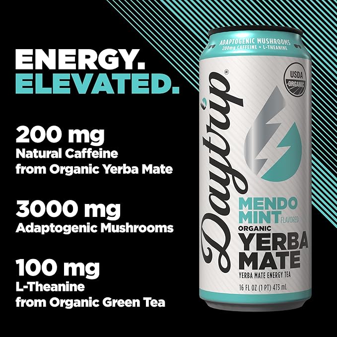 Daytrip Organic Yerba Mate Energy Drink- Clean Plant Based Caffeine (200mg) with Adaptogenic Mushrooms and Green Tea for Focus and Brain Fog - Low Calorie Low Sugar (12 Pack Case)